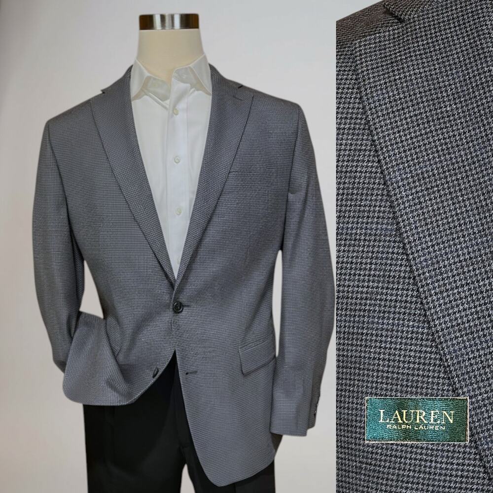 Ralph Lauren LRL 44L Steel Blue Gray Puppytooth Plaid Blazer Sport Coat